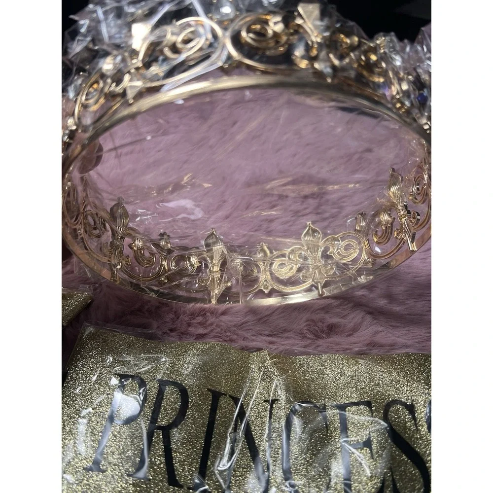 Retrowavy‎ 4 Piece Home Coming Prince,princess Tiara Shiny Satin Role (gold)